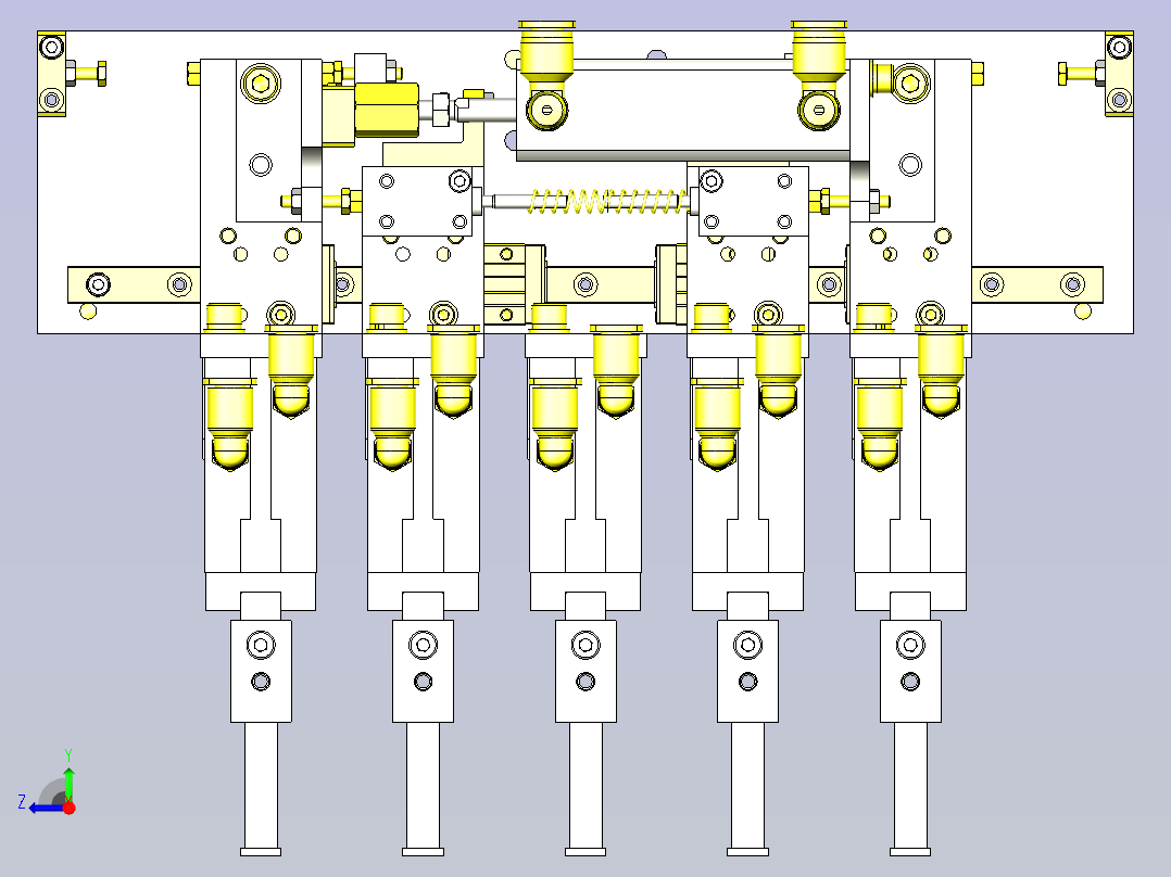 一款变更工件间距的5连夹头机构3D图纸右视图