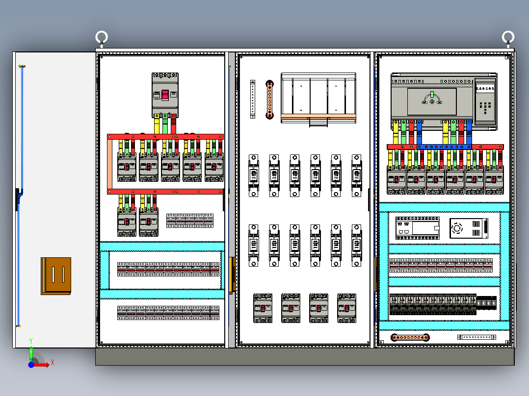 三柜组装630A正装刀开关双电源plc软启动控制柜 55762前视图
