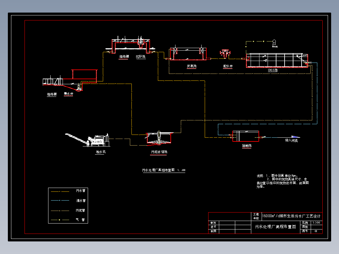 1.6万吨天城市生活污水处理厂CASS工艺设计全套CAD图纸
