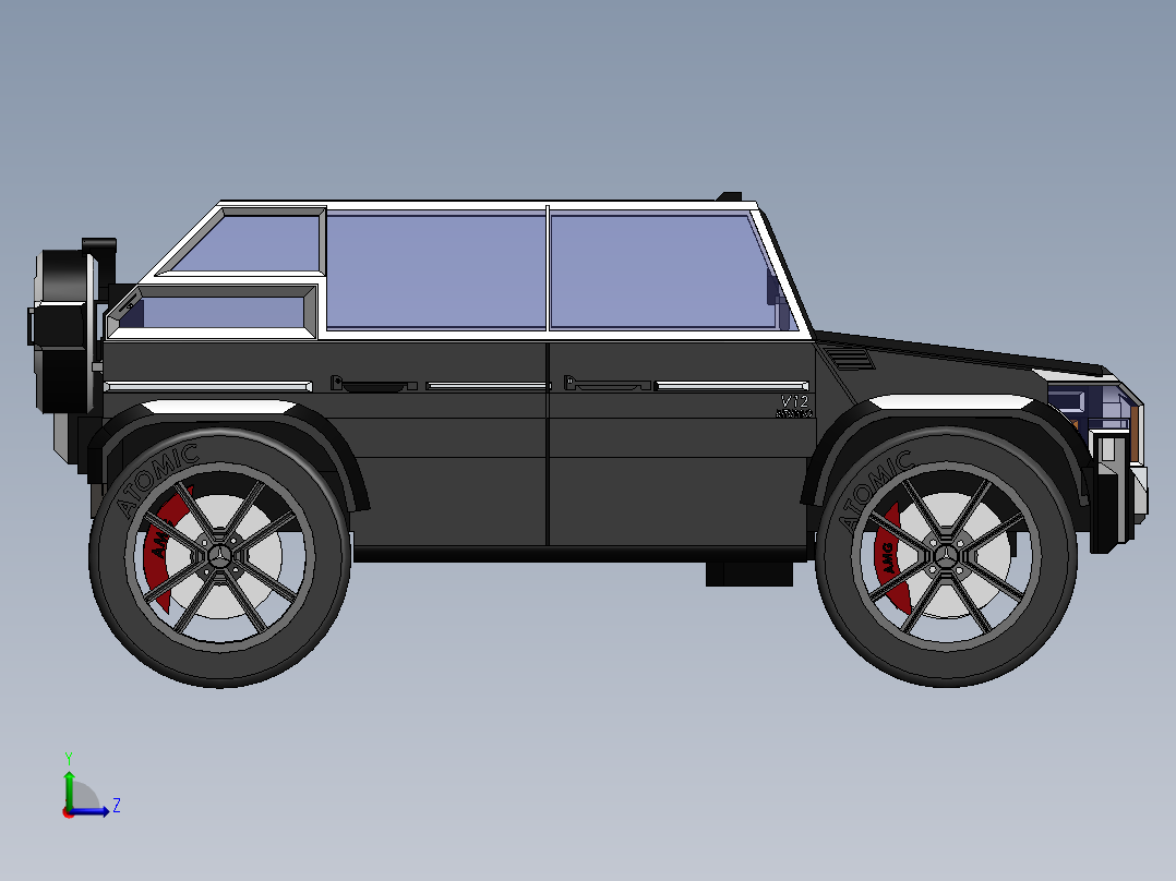 悍马造型越野车3D图纸 Solidworks设计左视图