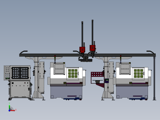 数控车床上下料机械手桁架机器人两台车床联机桁架机械手3d方案