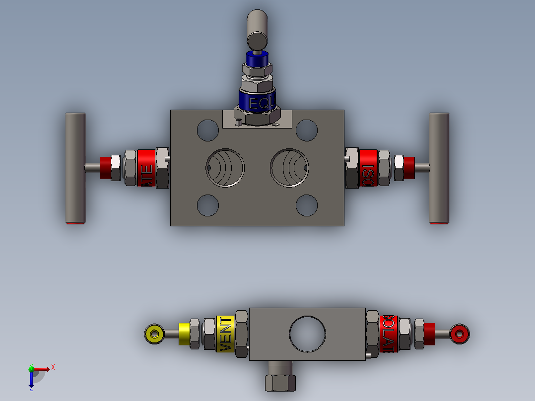 2款J2型-截止阀和放气阀-Q3型-直接安装三阀歧管模型俯视图