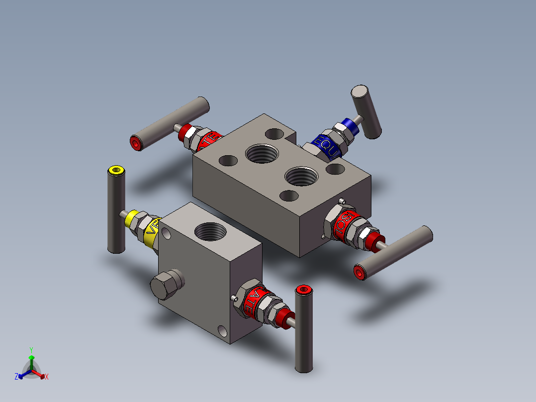 2款J2型-截止阀和放气阀-Q3型-直接安装三阀歧管模型正等轴测图