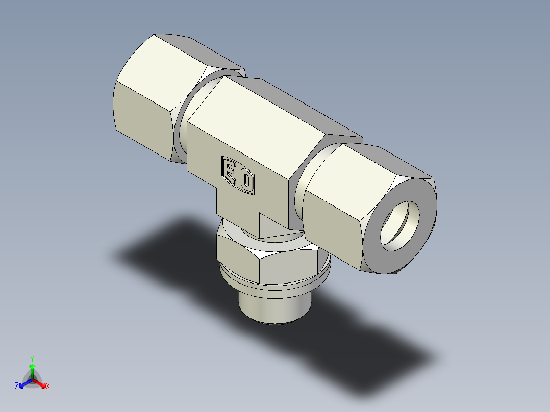卡套式工业通用硬管接头EO_Adjustable_locknut_branch_tee_TEE10LRCF正等轴测图