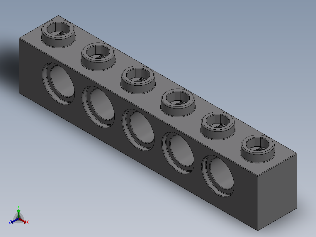 乐高机械组积木（横梁）-4211466 - 3894 Medium Stone Grey Technic Brick 1 x 6 with Holes正等轴测图