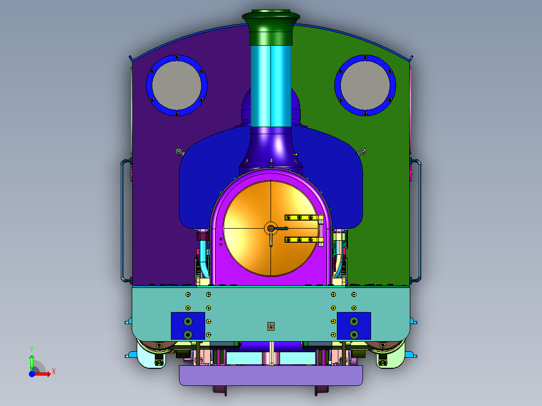 工业革命时代蒸汽火车前视图