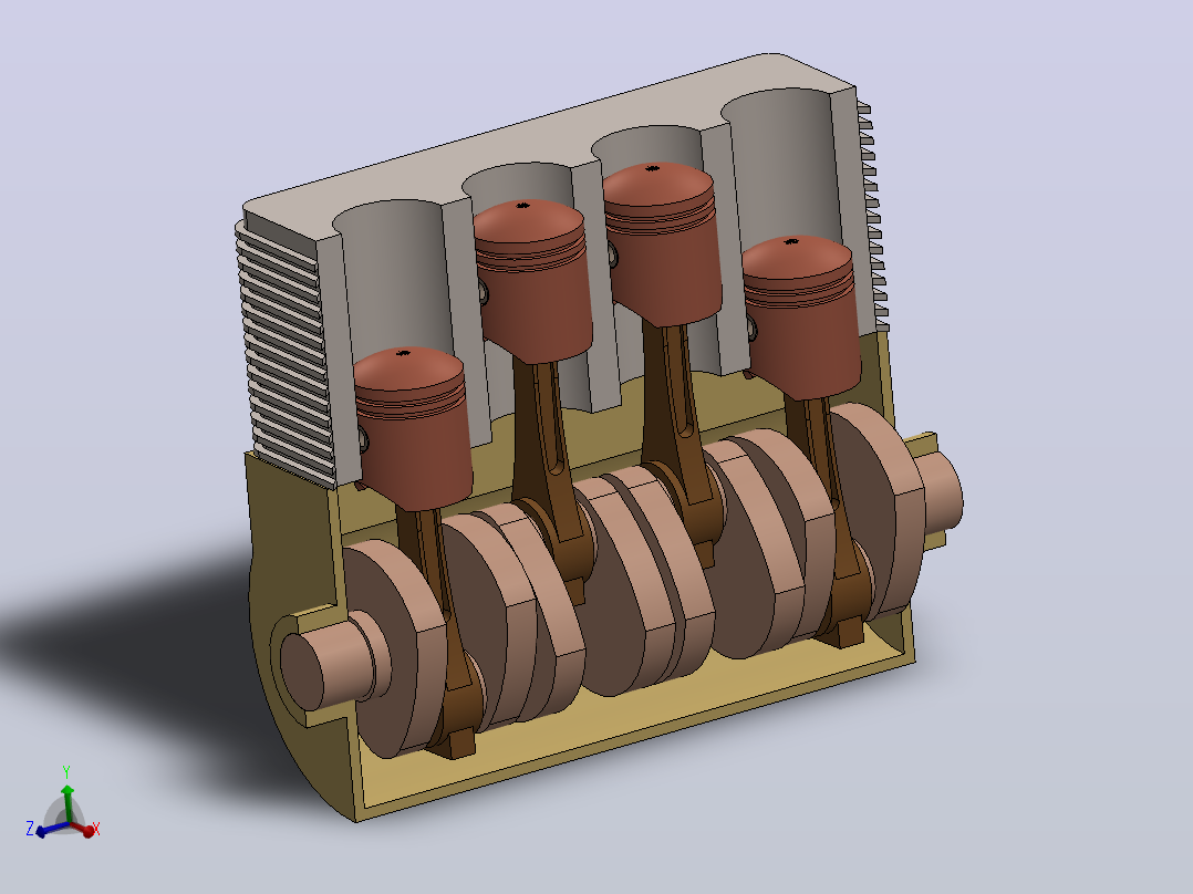 solidworks中四缸四冲程发动机的三维模型主视图