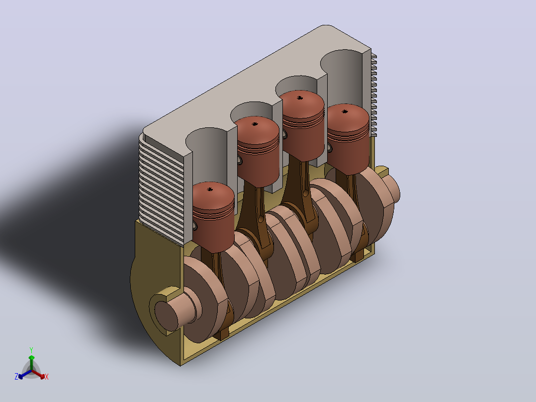 solidworks中四缸四冲程发动机的三维模型正等轴测图
