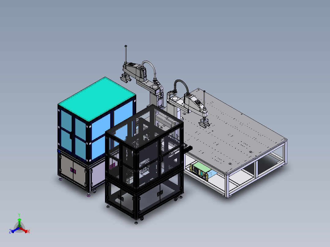 比亚迪新能源电池组装线-电芯贴膜工位sw18可编辑正等轴测图