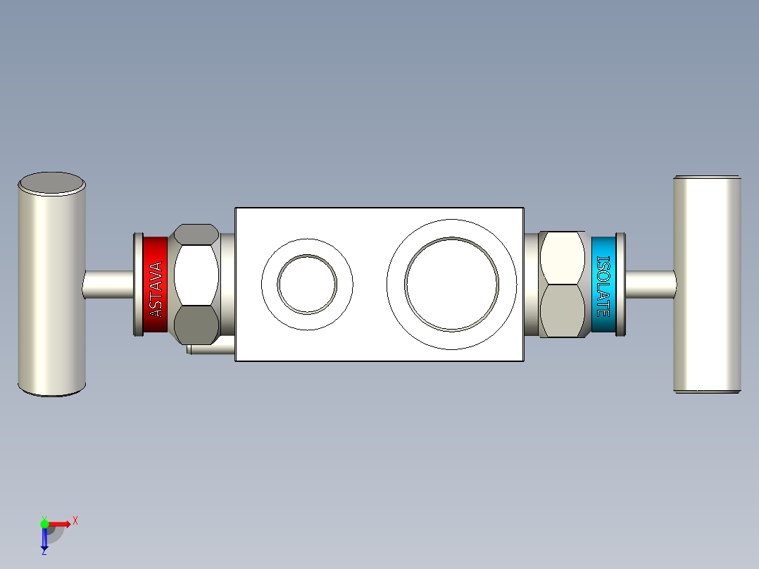 2通仪表歧管，207系列，直阻断-泄放，内螺纹x内螺纹俯视图
