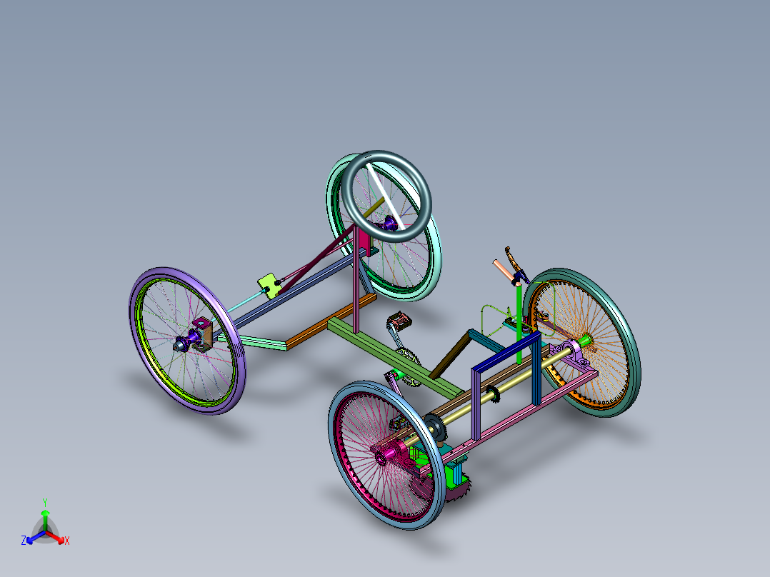 自行车式四轮脚踩割草机正等轴测图