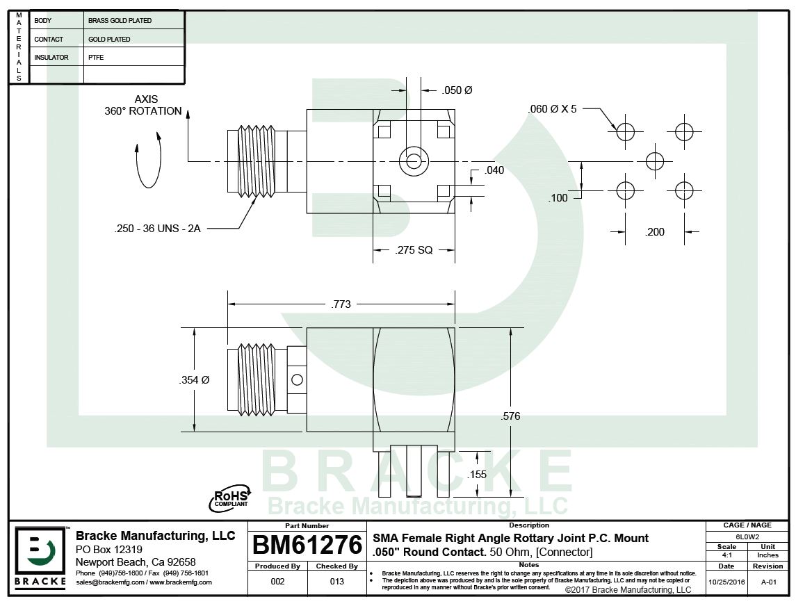 直角SMA母'旋转接头' PCB安装连接器