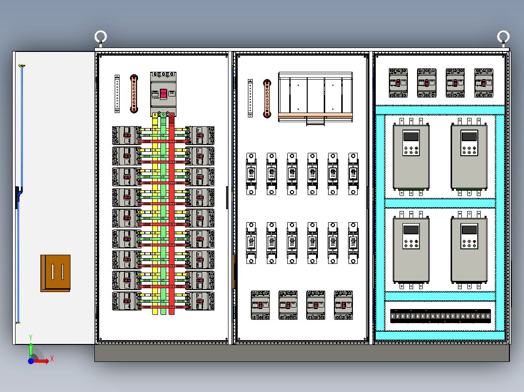 三柜组装630A竖装刀开关软启动控制柜前视图