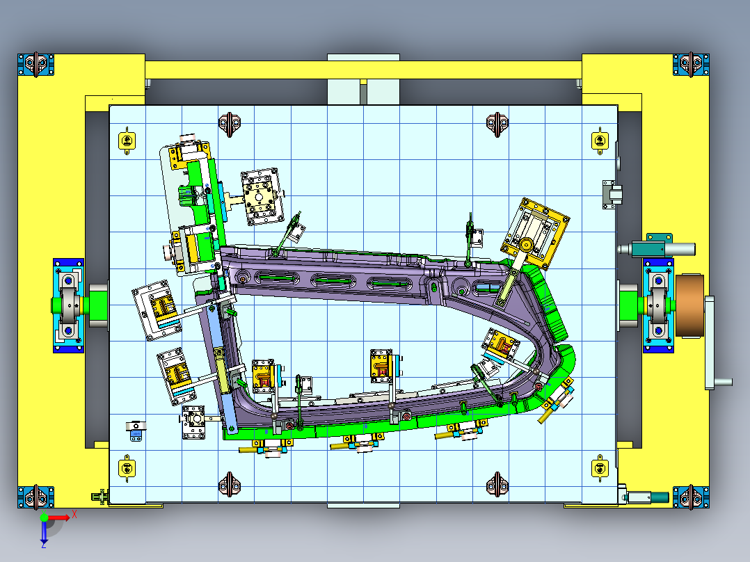 汽车左右后窗总成检具设计3D模型俯视图