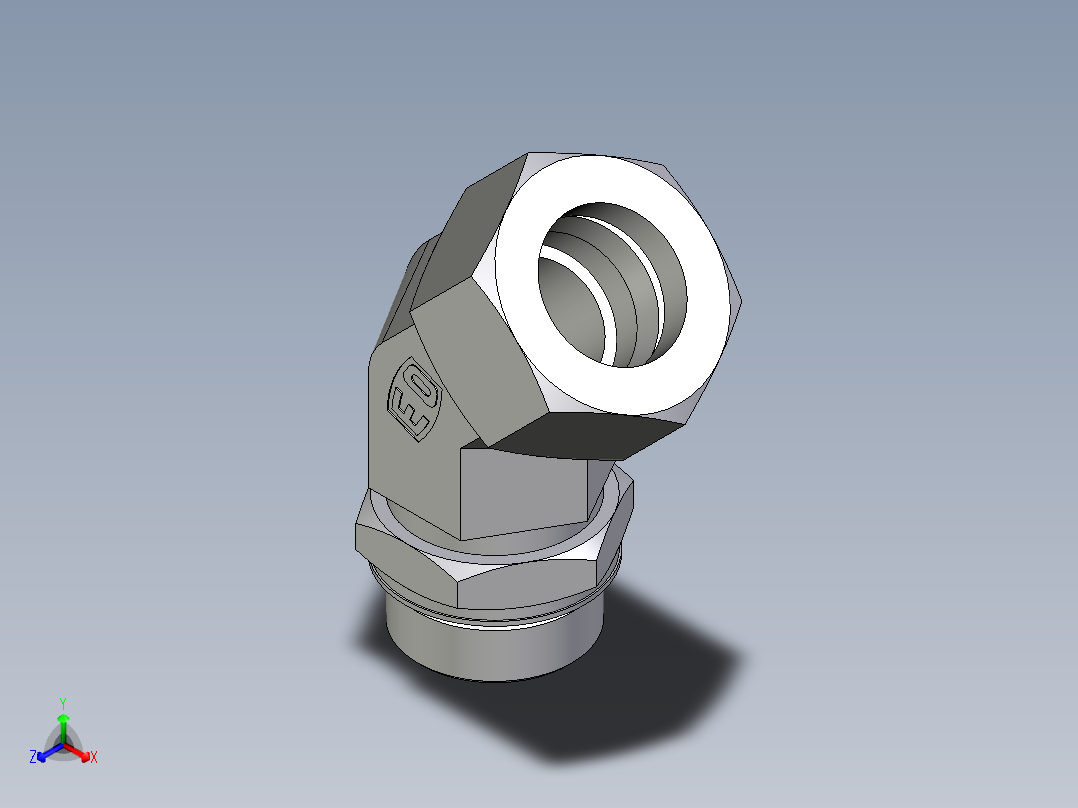 卡套式工业通用硬管接头EO_Adjustable_locknut_45_deg_elbow_VEE38ZSMORCF正等轴测图