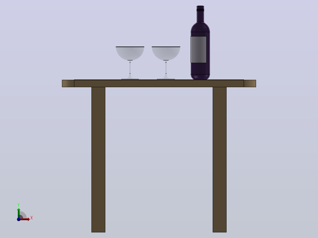 酒瓶和酒杯桌前视图