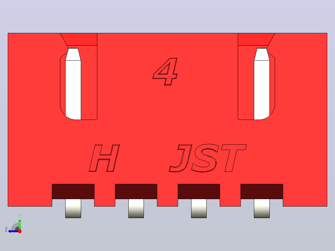 红色JST XH 4针连接器P 2 54mm成角度右视图