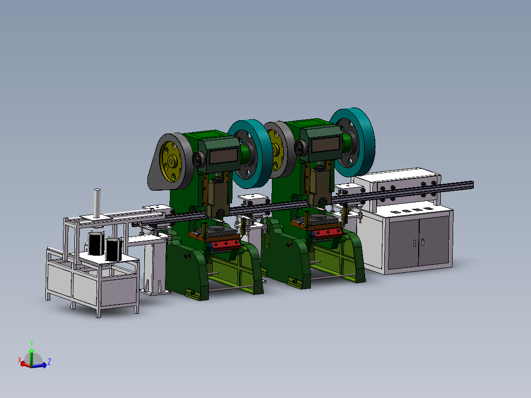 两联冲床联机械手去取料3d图纸 冲床连杆机械手上下料3d方案模型主视图