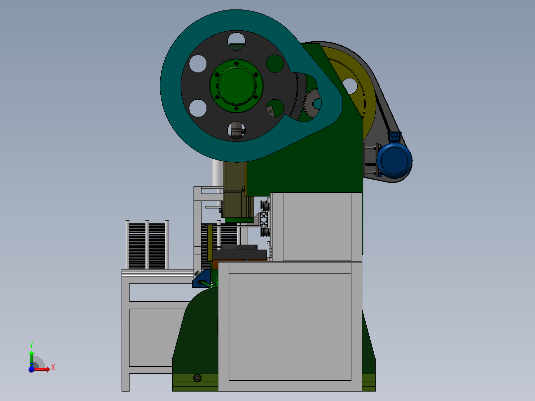 两联冲床联机械手去取料3d图纸 冲床连杆机械手上下料3d方案模型前视图