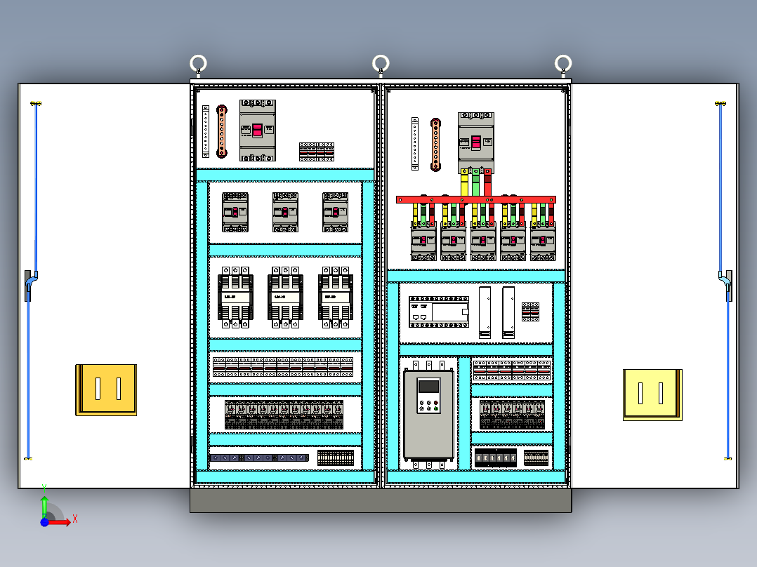双柜组装120A交流接触器+630A软启动plc控制柜前视图