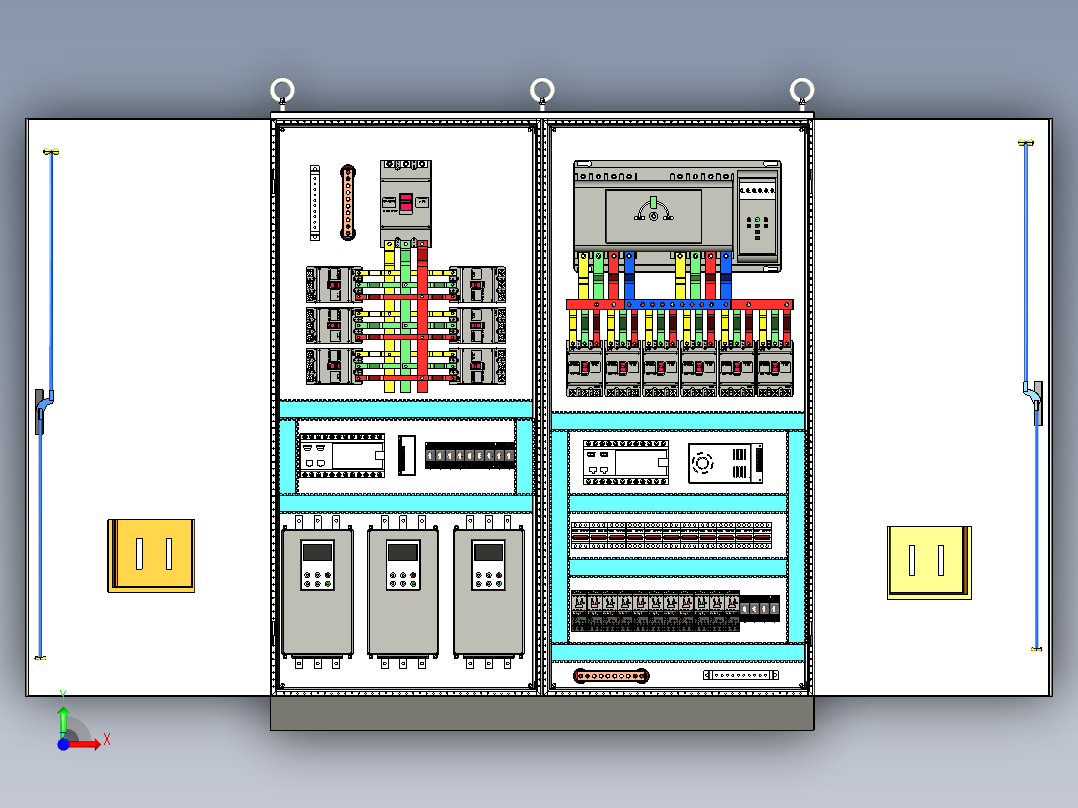 双柜组装630A双电源软启动plc控制柜前视图