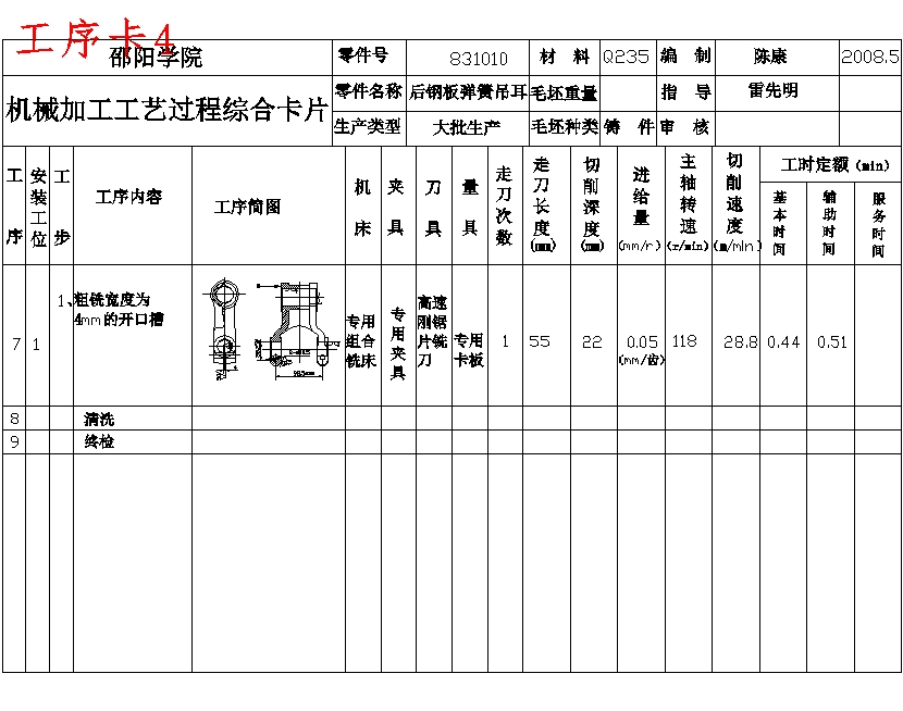 后钢板弹簧吊耳的铣内侧端面夹具设计及加工工艺装备规程含4张CAD图
