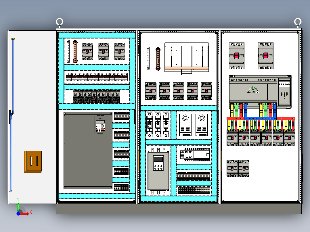三柜组装变频器刀开关软启动双电源控制柜前视图