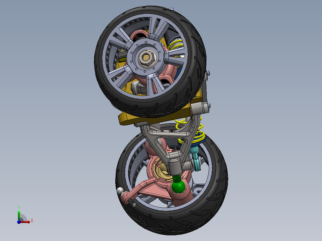 悬架系统（含轮胎 轮胎空气 弹簧 减震器 连杆）3D图纸 Solidworks设计前视图
