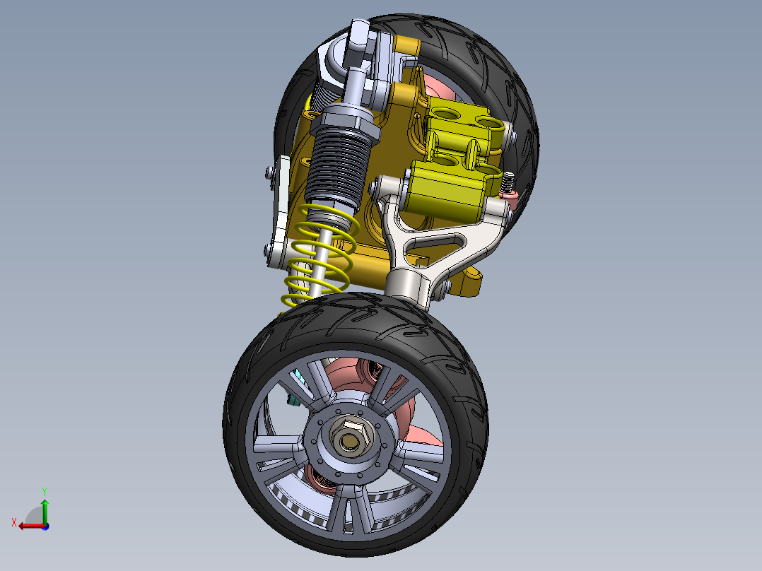 悬架系统（含轮胎 轮胎空气 弹簧 减震器 连杆）3D图纸 Solidworks设计后视图
