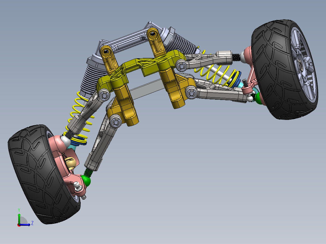悬架系统（含轮胎 轮胎空气 弹簧 减震器 连杆）3D图纸 Solidworks设计左视图