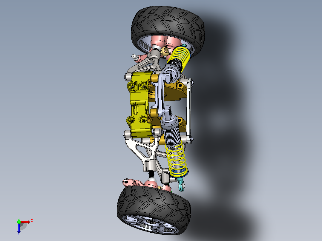 悬架系统（含轮胎 轮胎空气 弹簧 减震器 连杆）3D图纸 Solidworks设计俯视图