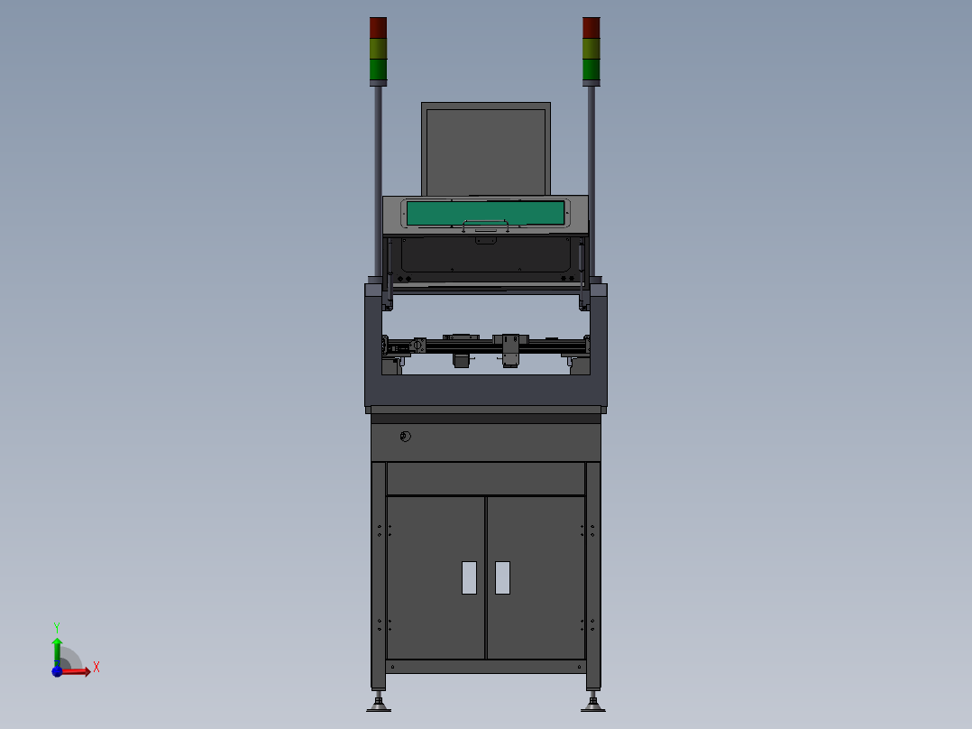 全自动SMT双轨接驳台三轴模组平台双工位滑台3D图纸前视图