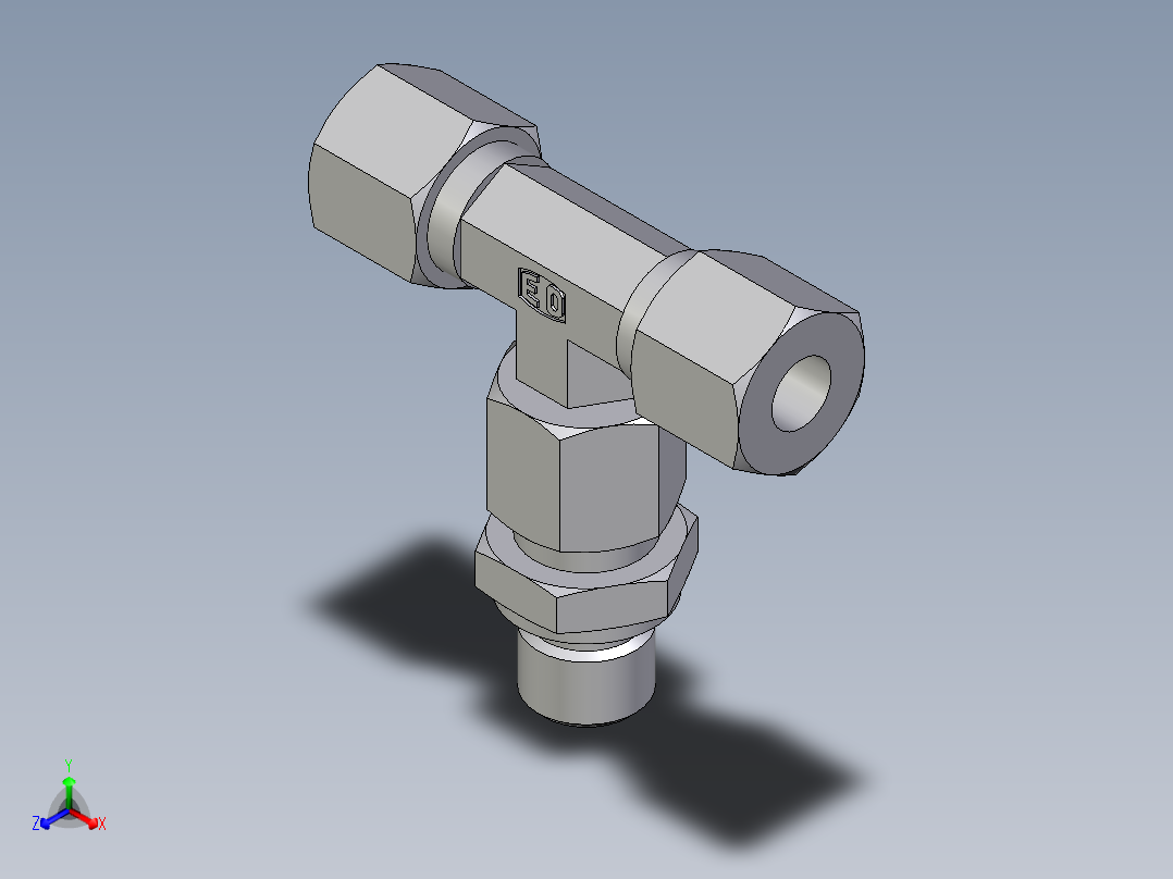卡套式工业通用硬管接头EO_Assembled_adjustable_standpipe_branch_tee_EVT08LR71正等轴测图