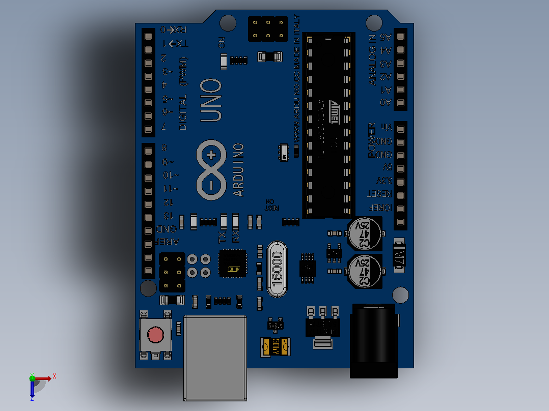 Arduino+UNO电子开发板3D数模图纸+Solidworks设计俯视图