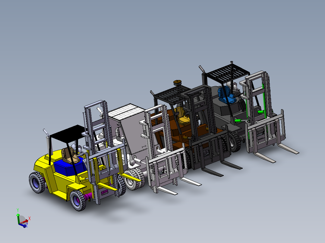 6款自动叉车3d图打包液压叉车solidworks三维模型图叉车图纸资料