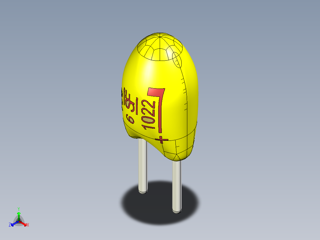 径向浸渍钽通孔电容器。车身尺寸。间距导程为2.54毫米。三根导线长度分别为12毫米、4毫米和3.5毫米正等轴测图