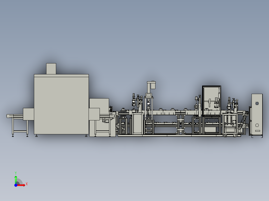 非标自动化组装生产线各种组件复杂总装配图前视图