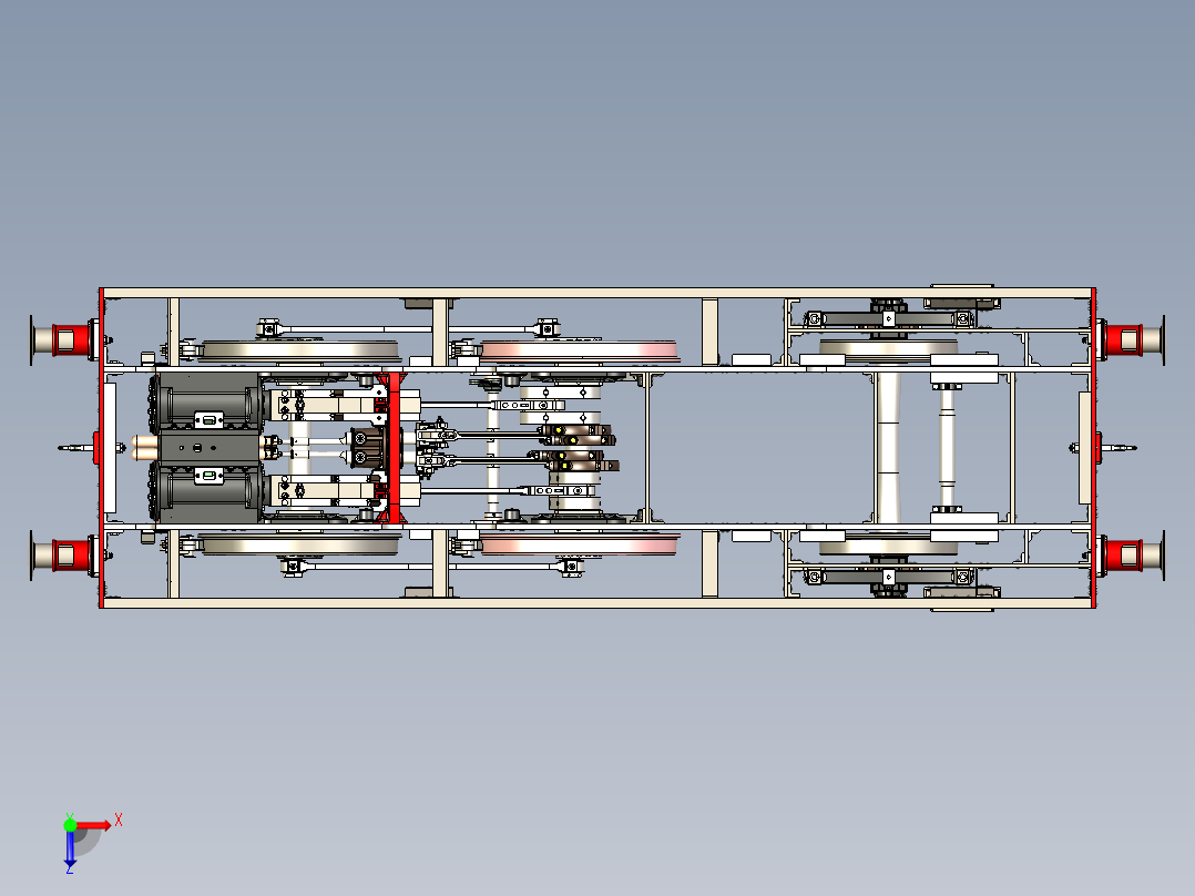 蒸汽车主框架（含传动装置与发动机）俯视图