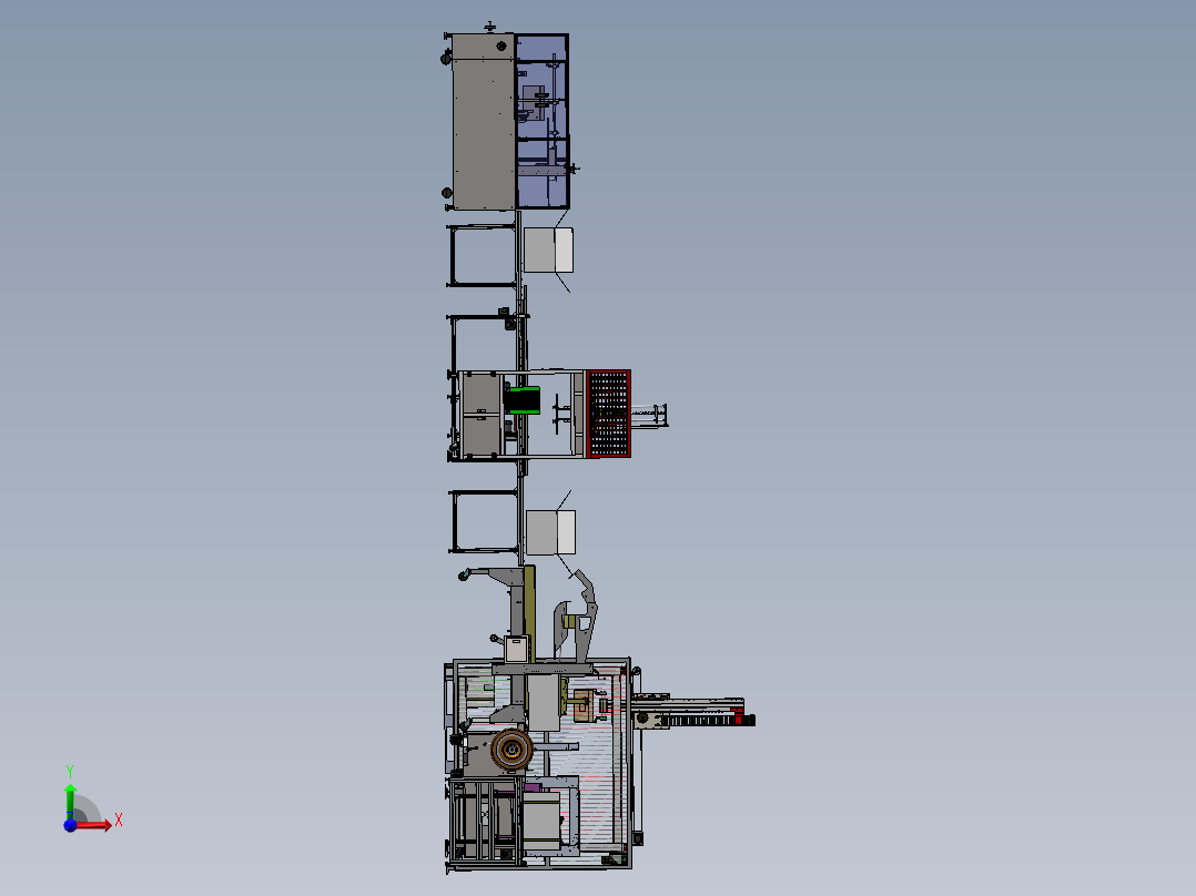包装设备产线3d图纸开箱装箱打包捆扎码垛等整线流水线3d方案前视图