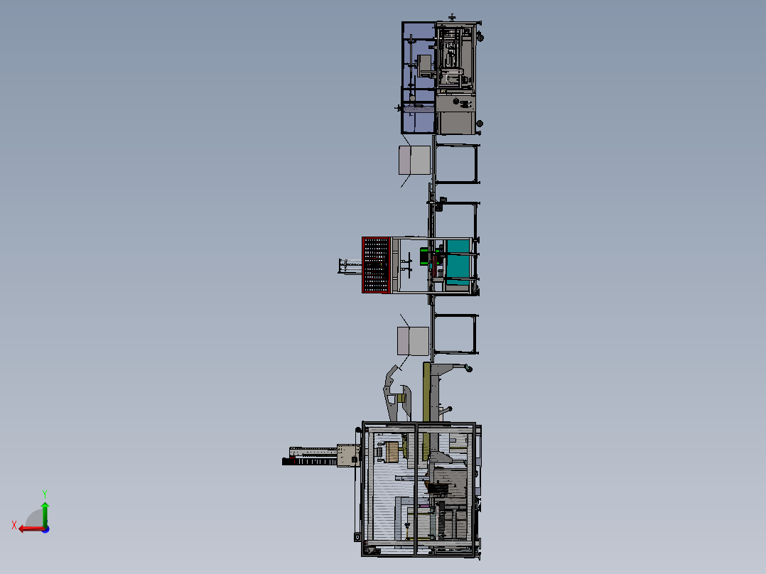 包装设备产线3d图纸开箱装箱打包捆扎码垛等整线流水线3d方案后视图