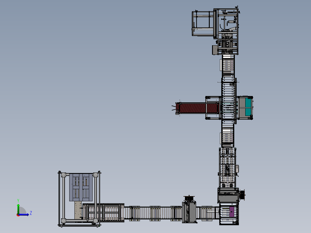 包装设备产线3d图纸开箱装箱打包捆扎码垛等整线流水线3d方案左视图