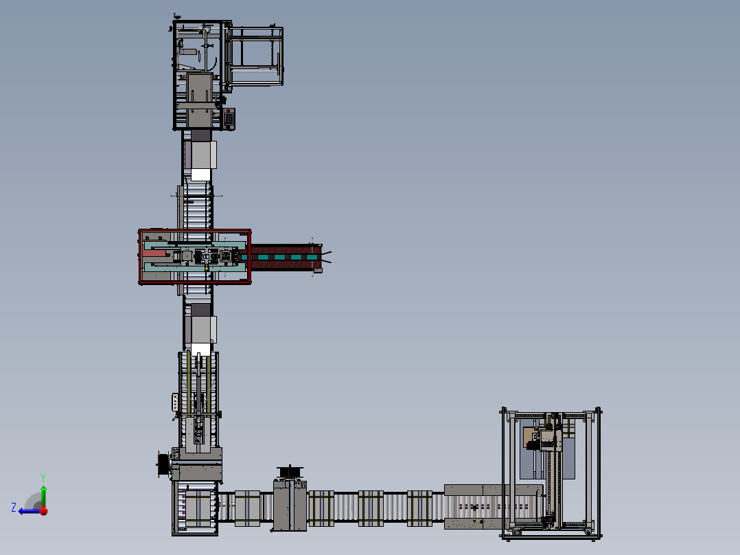 包装设备产线3d图纸开箱装箱打包捆扎码垛等整线流水线3d方案右视图