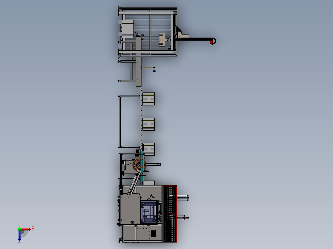 包装设备产线3d图纸开箱装箱打包捆扎码垛等整线流水线3d方案俯视图