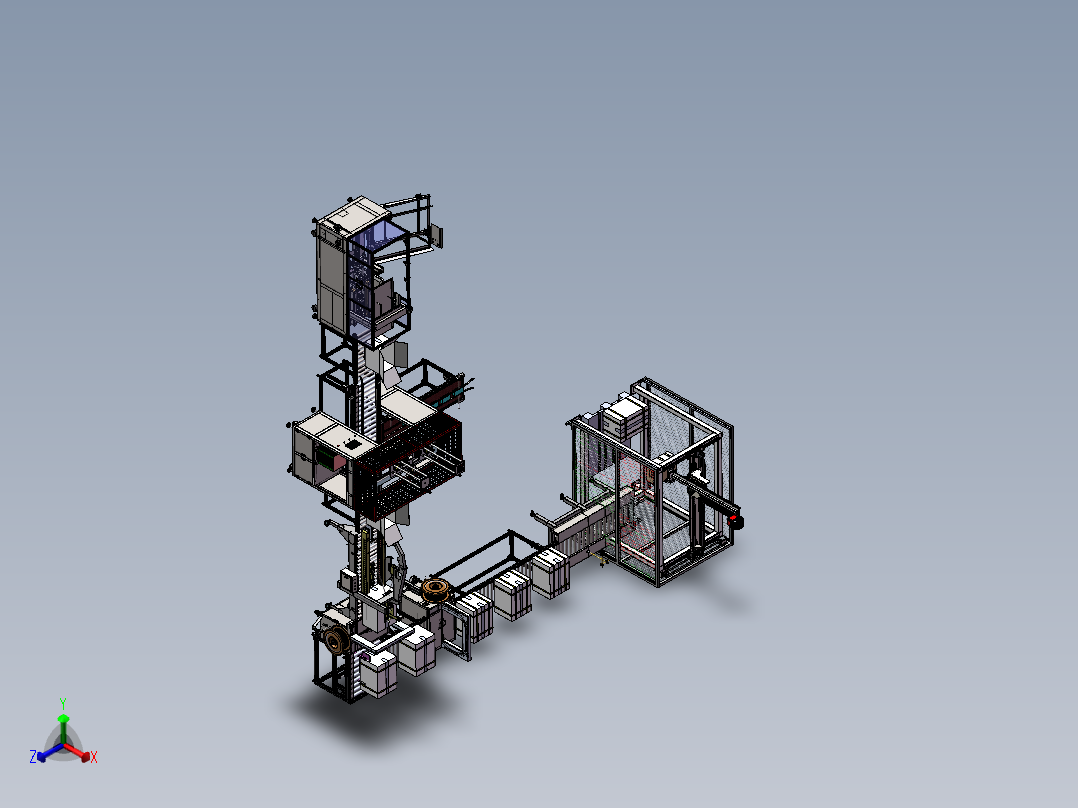 包装设备产线3d图纸开箱装箱打包捆扎码垛等整线流水线3d方案正等轴测图