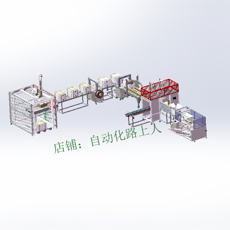 包装设备产线3d图纸开箱装箱打包捆扎码垛等整线流水线3d方案