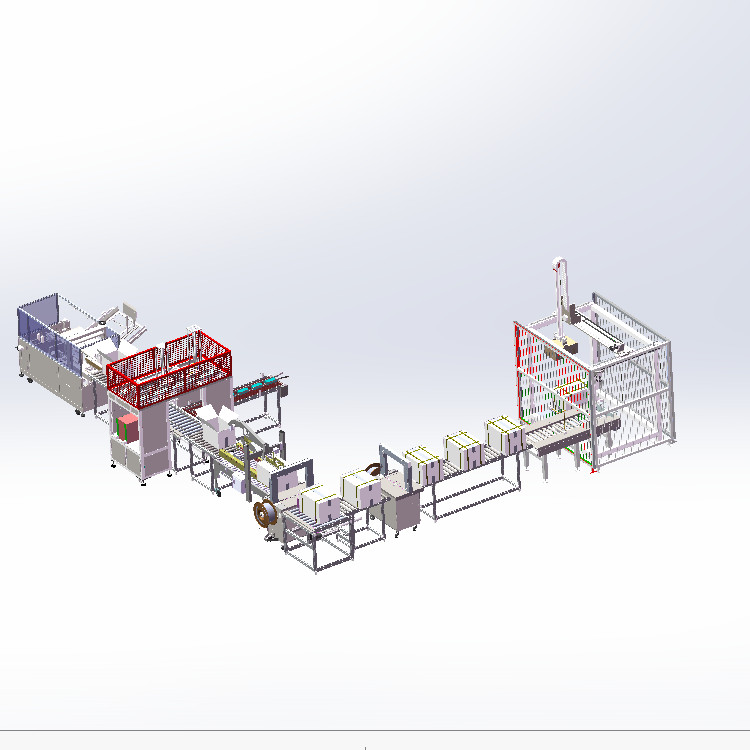 包装设备产线3d图纸开箱装箱打包捆扎码垛等整线流水线3d方案