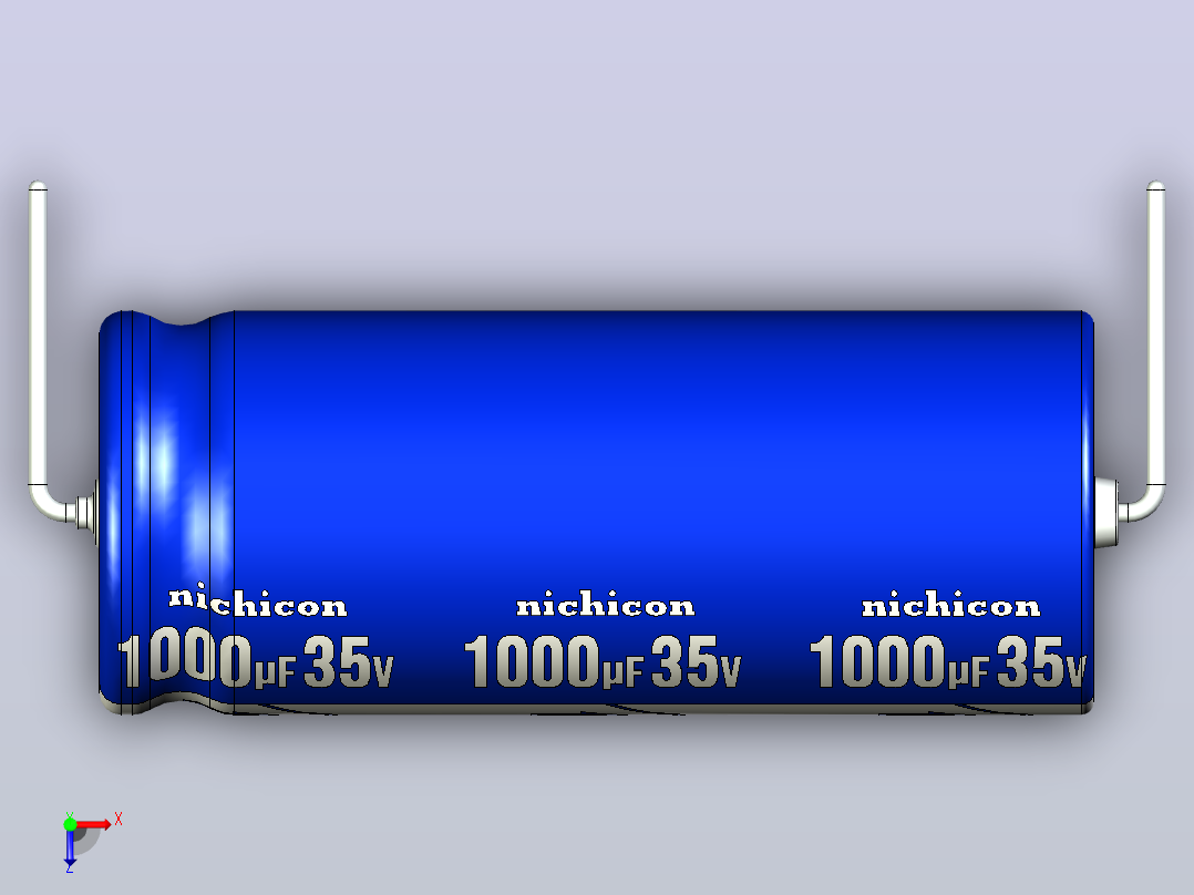 铝制轴向电解电容器。VX系列1000ufx35v。13x32mm毫米。间距35至41毫米。电解镍镉电池俯视图