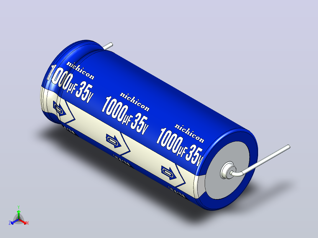 铝制轴向电解电容器。VX系列1000ufx35v。13x32mm毫米。间距35至41毫米。电解镍镉电池正等轴测图