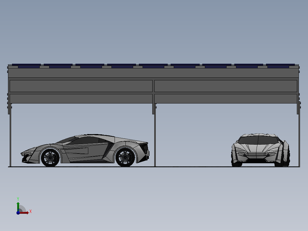 带太阳能电池板的停车棚3D模型图纸 Solidworks设计前视图