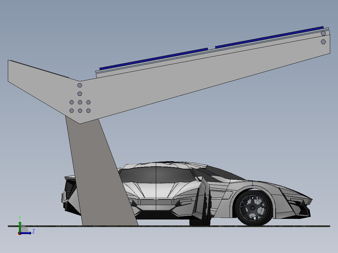 带太阳能电池板的停车棚3D模型图纸 Solidworks设计左视图